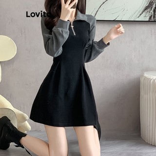 Đầm Lovito khóa kéo trước ghép nối màu sắc màu trơn thường ngày cho nữ LNA29499 (màu đen)
