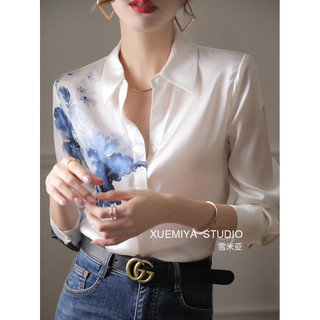 Áo Sơ Mi Lụa Satin Dài Tay Nữ Top 2024 Retro In Mực Nặng Dâu Lụa Trắng Áo Hàng Có Sẵn