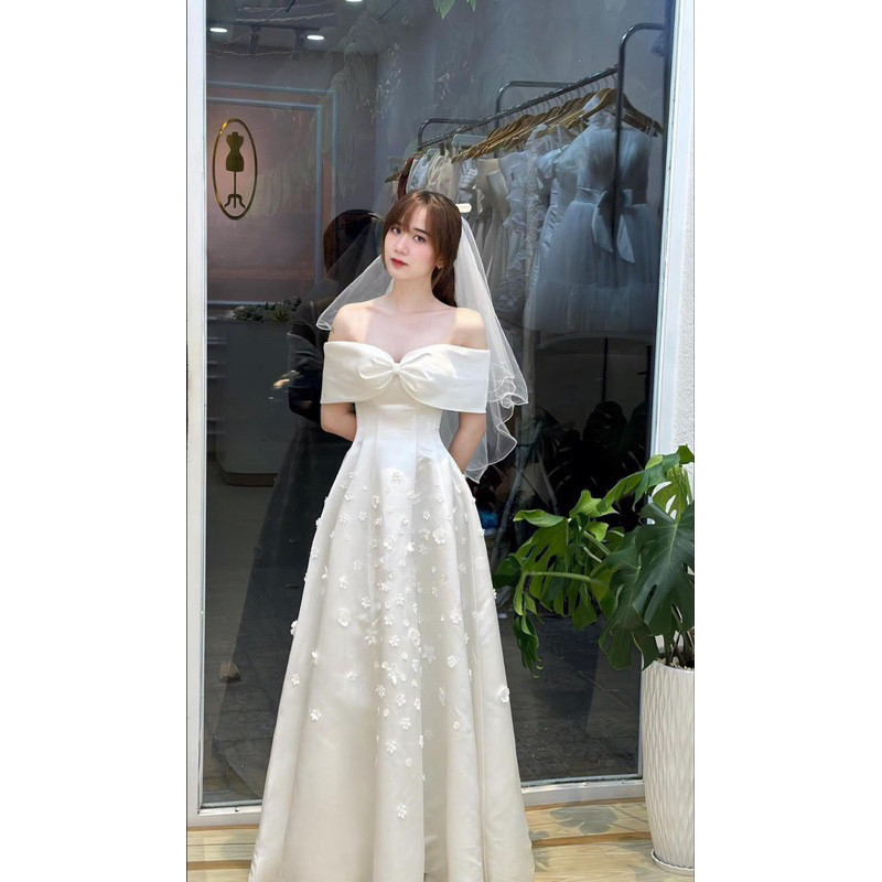 Đầm dự tiệc tiểu thư trễ vai xòe đính hoa sang trọng nhẹ nhàng Saly