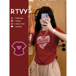「RTVY」Áo thun ngắn tay màu đỏ rượu vang Áo ngắn tay in hình trái tim mùa hè Slim Fit dành cho nữ