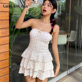 Lanlanlo Nữ 2024 Thời Trang Ngọt Ngào In Hoa Tắt Vai Không Tay Cổ Chữ A Mini