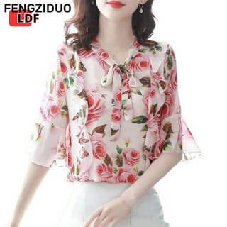 Áo sơ mi FENGZIDUOChiffon tay áo Miss 3 / 4 in hoa quần áo công sở nữ thời trang