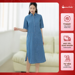  - Váy Đầm Denim Sơ Mi Cài Nút Phom Suông Dài Qua Gối Xẻ Tà Tay Ngắn Che Khuyết Điểm Vải Jean Wash - D11297