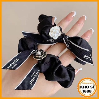 Dây cột tóc đính hoa trà đơn giản thanh lịch, dây buộc tóc cho nữ sang trọng E1945