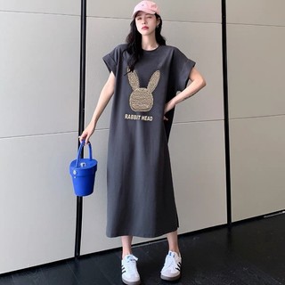 Đầm suông thun cổ tròn tay ngắn dáng rộng in hình đầu chú thỏ giản dị thời trang TTDSA0230
