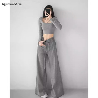 Tianleyu Quần lót kéo slouchy màu xám cao cấp Áo bể cạp rộng Drap rộng - áo bể không tay Quần có dây - lên Thắt lưng co giãn Quần thẳng - leg floes