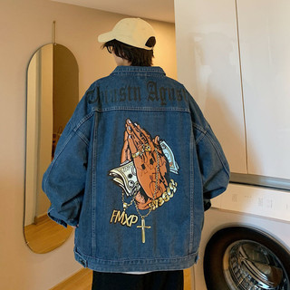 Mỹ Retro Baroque Áo Khoác oversize Cao Đường Phố Nam Giặt Dạo Phố Áo Khoác Denim Mùa Xuân Thu Áo Khoác Tổng Thể