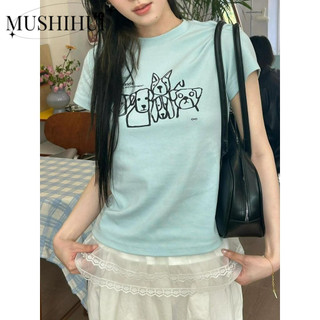 honypove Retro Mùa Hè Phong Cách Mỹ In Hình Áo Thun Ngắn Vai Trước Tay Ngắn Phong Cách Mới Slim-fit Slimmer