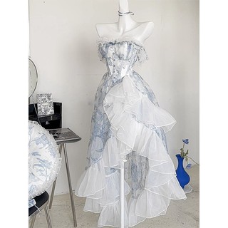 Váy Liền Ống Hoa Nhỏ Màu Xanh Kiểu Pháp Váy Dài Vintage Lolita Cổ Điển 