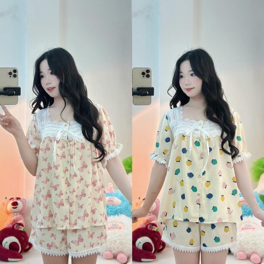 Bộ ngủ tiểu thư , bộ pijama chất liệu ĐŨI LẠNH MỀM  áo cánh tiên viền ren Bộ ngủ nữ,Pijama cổ vuông 