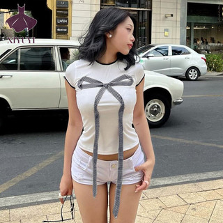 Xiyuyi Áo Thun Nữ Nơ Ruy Băng Gợi Cảm Slim Hot Girl Hàng Đầu Mới
