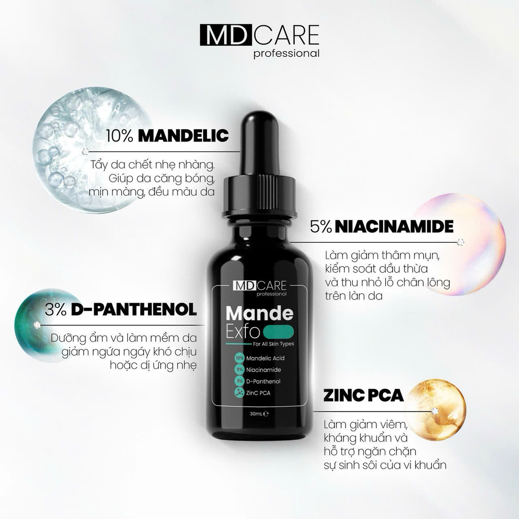Ảnh 3 của Tẩy Tế Bào Chết Làm Sáng, Mờ Thâm, Đều Màu Và Da Kiểm Soát Mụn MD Care 10ml, 30ml