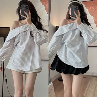 Áo sơ mi trễ vai kẻ sọc cúc tay tiểu thư sang chảnh (mẫu mới)