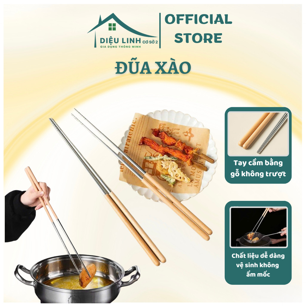 Đũa Xào Nấu Thức Ăn PLSHARK Chất Liệu Thép Không Gỉ Tay Cầm Gỗ cChống Nóng