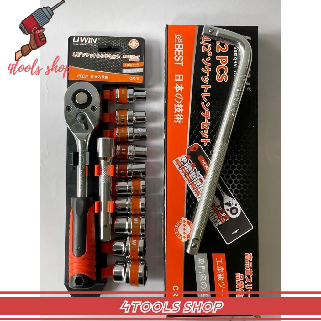 Bộ tuýp sửa xe 12 chi tiết Liwin, bộ đầu khẩu vặn ốc đa năng Liwin Japan 12 món cần tự động 1/2 ( Tặ