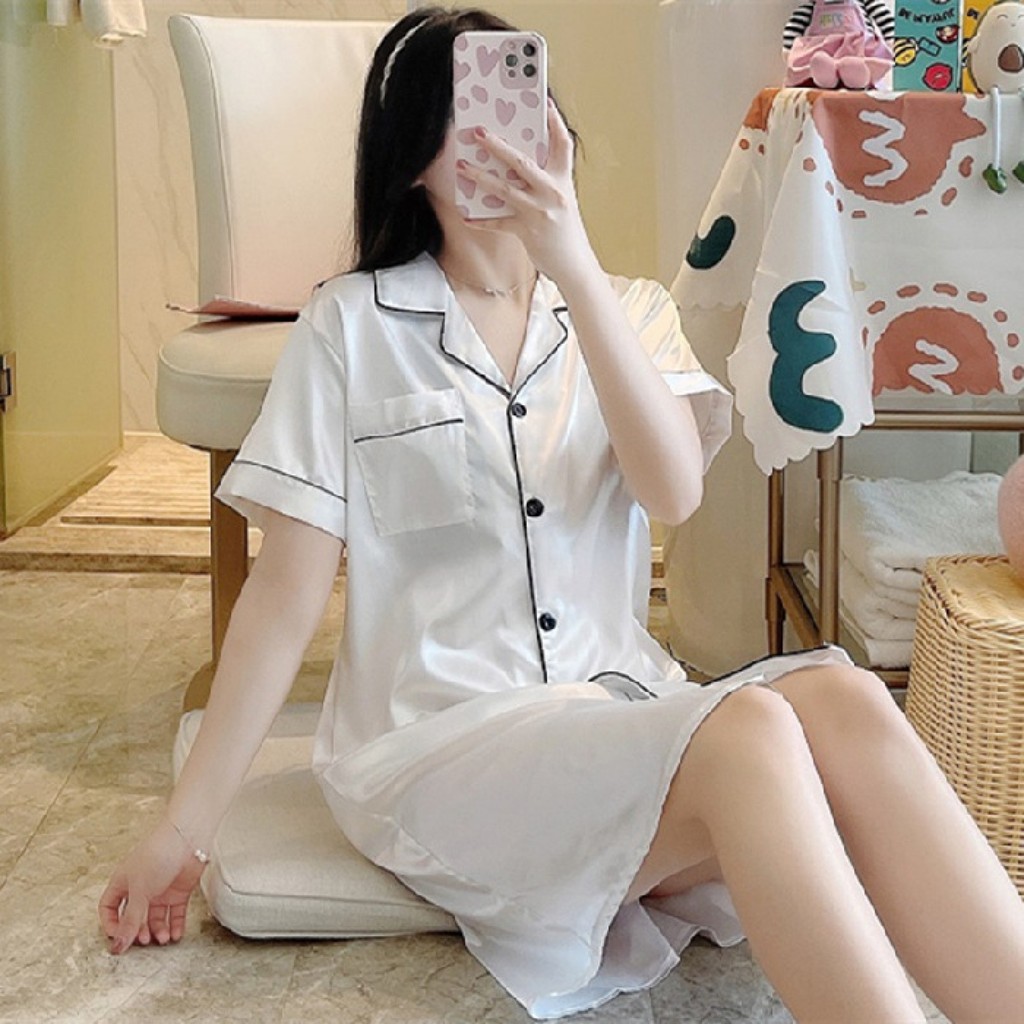 Ym giả Lụa Cardigan Pyjama VÁY Màu Xanh X Shop ku4nqm01z2