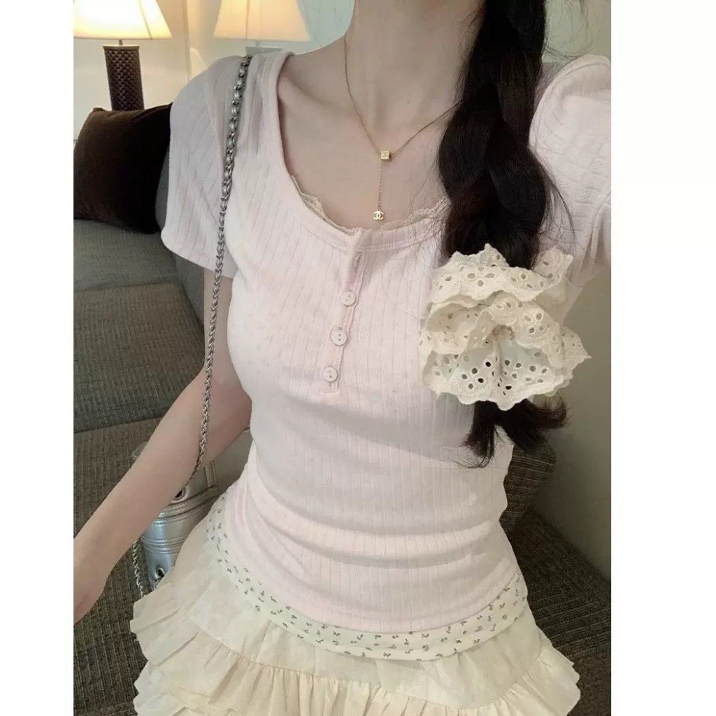 RICH-THEY Áo Thun Tay Ngắn Thêu Ren Hoa Thời Trang Mới Mùa Hè Hè-V379 | BigBuy360 - bigbuy360.vn