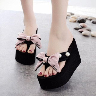  Dép  đế xuồng nữ xỏ ngón đế cao 8cm quai  đính nơ  cao cấp 