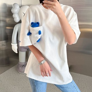 WNOG ADER Pocket Bear Short Sleeve2022Spring and Summer New Men and WomenTT-shirt Fashion Brand Irregular Loose Casual Cotton round Neck Shirt