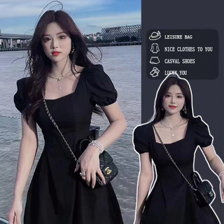 ESEA Cao Cấp Hepburn Đen Đầm Mới Pháp Retro Cổ Vuông Tay Phồng Thắt Lưng Đầm Phong Cách Ngọt Ngào Và Cay