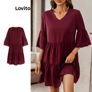 Đầm Lovito viền xếp nếp hai tầng phong cách thường ngày cho nữ LNL59002