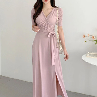 Phụ Nữ Thanh Lịch Công Sở Dài Đầm Mùa Hè Gợi Cảm Cổ Chữ V Tay Ngắn Cao Cấp Băng Đầm Nữ Chắc Chắn Thường Ngày Hàn Quốc Áo Dài