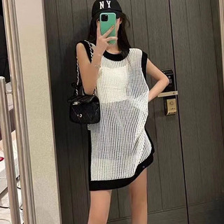 Milyfashion Áo Dệt Kim Không Tay Cổ Tròn Giữa Chiều Dài Vừa Thiết Kế Rỗng Phối Màu Tương Phản Phong Cách Mới Mù