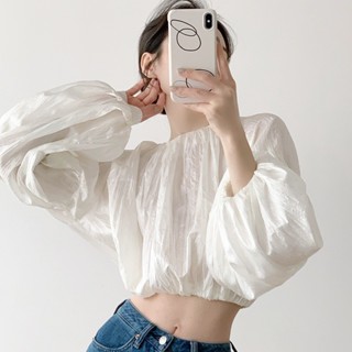 Áo croptop kiểu tay phồng nữ cổ tròn bo chun chất voan tơ 2 lớp phong cách điệu đà - A261