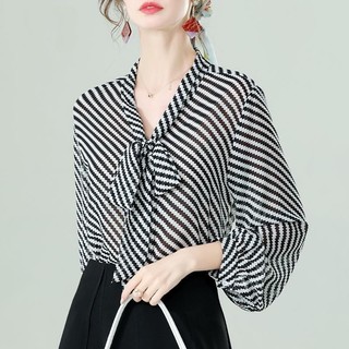 Áo Sơ Mi Nữ Phong Cách Hàn Quốc Voan Áo Sơ Mi Sọc Retro Cho Nữ