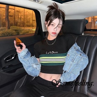 Sf-nữ Dạo Phố Mùa Hè Crop Tops Tay Ngắn Cổ Tròn Dệt Kim Sọc Áo Thun