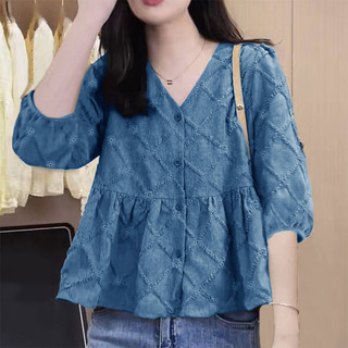 Mùa hè Phong Cách Mới Phiên Bản Hàn Quốc Tay Ba Phần Tư Cổ Chữ V Áo Sơ Mi Mỏng Nữ Thời Trang Phù Hợp Với Áo Rời