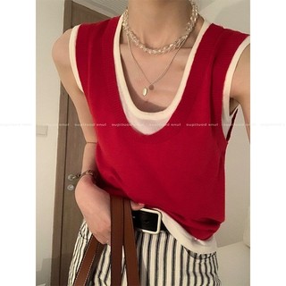 Yuewen Thiết Kế Nữ Giả Cảm Giác Thích Hợp Mặc Bên Ngoài Đẹp Lưng Sling Áo Vest Ngắn Hai Mảnh Bên Trong Mặc Cổ Chữ U Nhỏ Top Đỏ