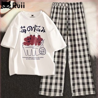 Sét áo phông trắng In nhiều hình VÀ quần kẻ karo đen trắng,  Áo thun from rộng, Chất đẹp không xù -MODY