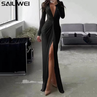 Đầm nữ sâu cổ chữ v dài tay sailiweimidi