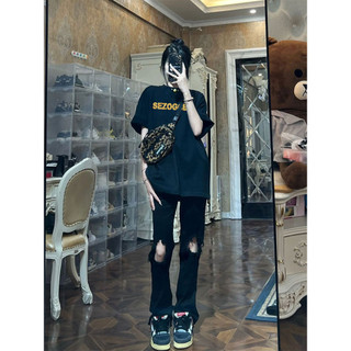 「RTVY」Áo thun Cotton ngắn tay nguyên chất in chữ mùa hè phong cách đường phố Áo Oversize dành cho nữ