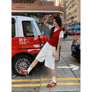 Jinshihuicrop Denim Trắng Nữ Mùa Hè Phong Cách Mới Rời Hàng Ngày Phù Hợp Với Quần Giữa Thẳng