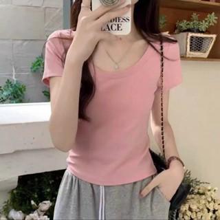 Áo baby tee Áo Thun ôm body Áo y2k Áo thun ngắn tay cổ chữ U màu trơn cơ bản dành cho nữ mùa hè ngọt ngào