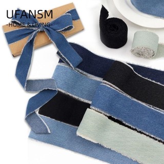 Ufansm ruy băng denim, màu trơn xanh bò jeans vải vải, kẹp tóc thời trang nơ 2 hạt handmade viền ruy băng lụa gói quà