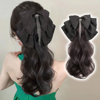  Kẹp tóc giả đuôi ngựa nối dài ngoặm tóc xoăn gợn sóng nước có kèm nơ lụa tua rua cho nữ thời trang Hàn Quốc 