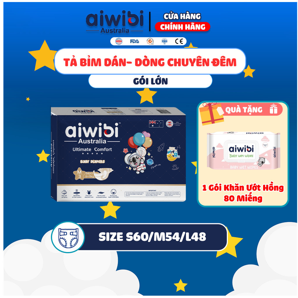 Tã/Bỉm Dán Cao Cấp Aiwibi Chuyên Ban Đêm Ultimate Comfort - Gói Lớn S/M/L