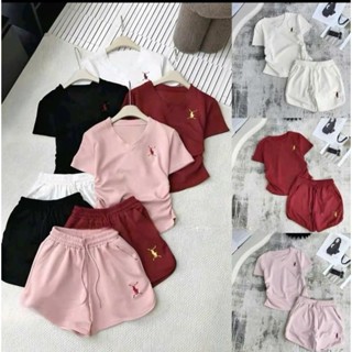 Set bộ Đùi chất thun tăm cổ tim rúm eo thêu ngựa quần cạp chun co giãn có túi hottrend hè 2025