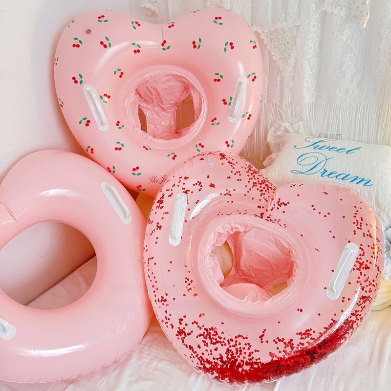 1-8 year old children's love swimming ring with handle glitter pink heart-shaped seat ring sponge po