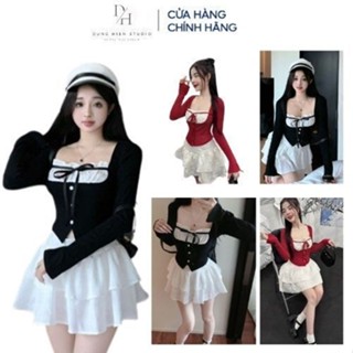  Set Áo Croptop Tay Dài Thắt Nơ Phối Chân Váy Voan Tầng Set Bộ Đồ Nữ Đen Trắng Sang Chảnh Tôn Dáng Siêu Xinh 