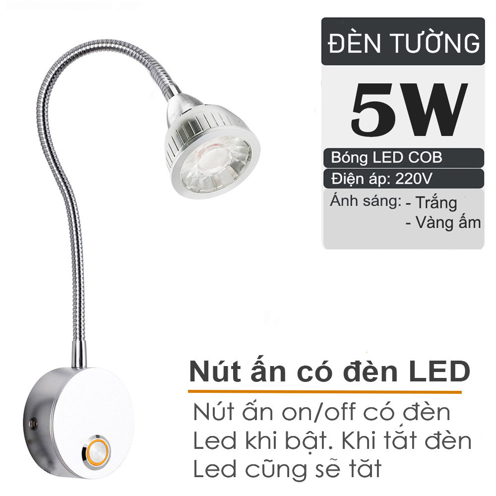 Đèn Led treo tường đầu giường 5W, Bóng đèn rọi điểm 3 chế độ ánh sáng (3000K/4500K/6000K) - Model DW