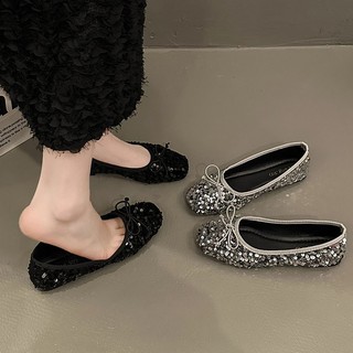 Sequined flat giày nữ ngón tròn nơ thắt nơ bộ giày học sinh giày đậu hà lan