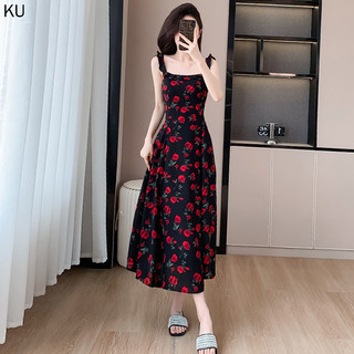 Mùa hè sling đầm nữ retro hoa hồng hoa sling đầm phong cách mỏng voan sling đầm nữ mùa hè kỳ nghỉ phong cách hoa sling đầm