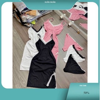 Đầm Nữ Hai Dây Xẻ Đùi Phối Ren (Tặng Quần Chip Cùng Màu) HOT