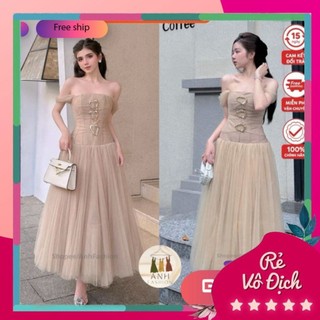 Đầm dự tiệc dáng dài, chân váy lưới 3 lớp đính kim loại ở ngực cực sang chảnh ANH FAHSION