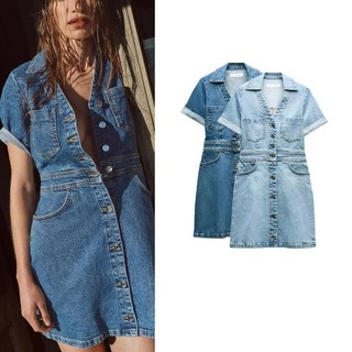 ZA Mùa Hè Sản Phẩm Mới Thời Trang Cổ Chữ V Ngắn Tay Túi Giặt Hiệu Ứng Đầm Mini Denim 1879038