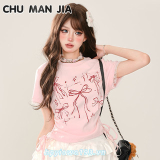 Chu MAN JIA Áo thun ngắn tay cotton nguyên chất ngọt ngào và nguyên chất dành cho nữ, dáng ôm vừa vặn và thiết kế đa năng
